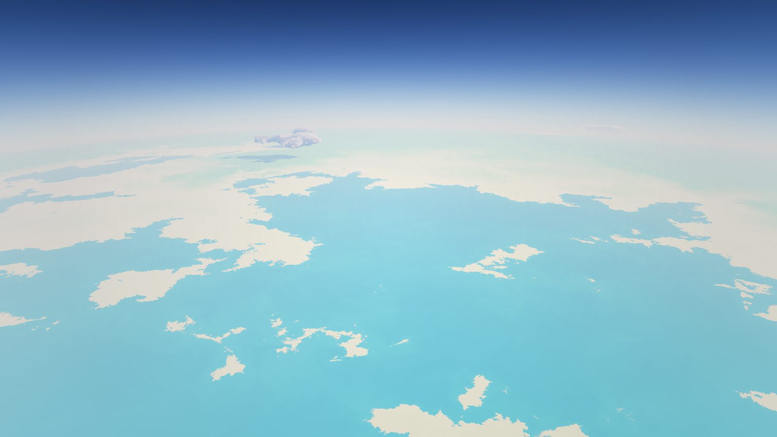 Flying low over the coast, the horizon curving away