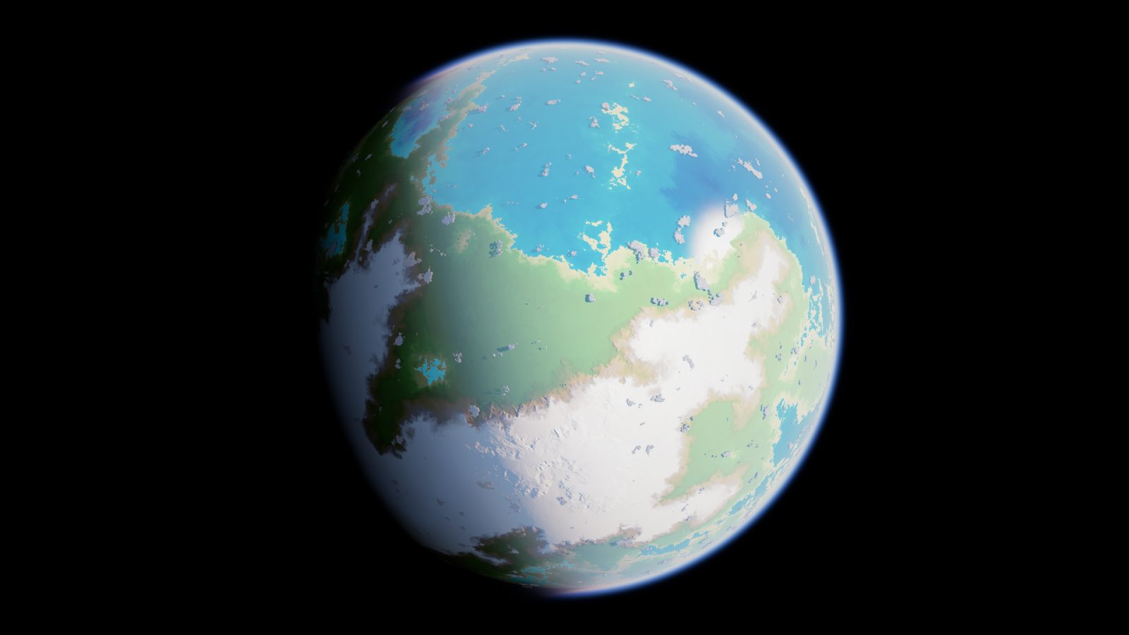 The planet from orbit with clouds and a blue atmosphere