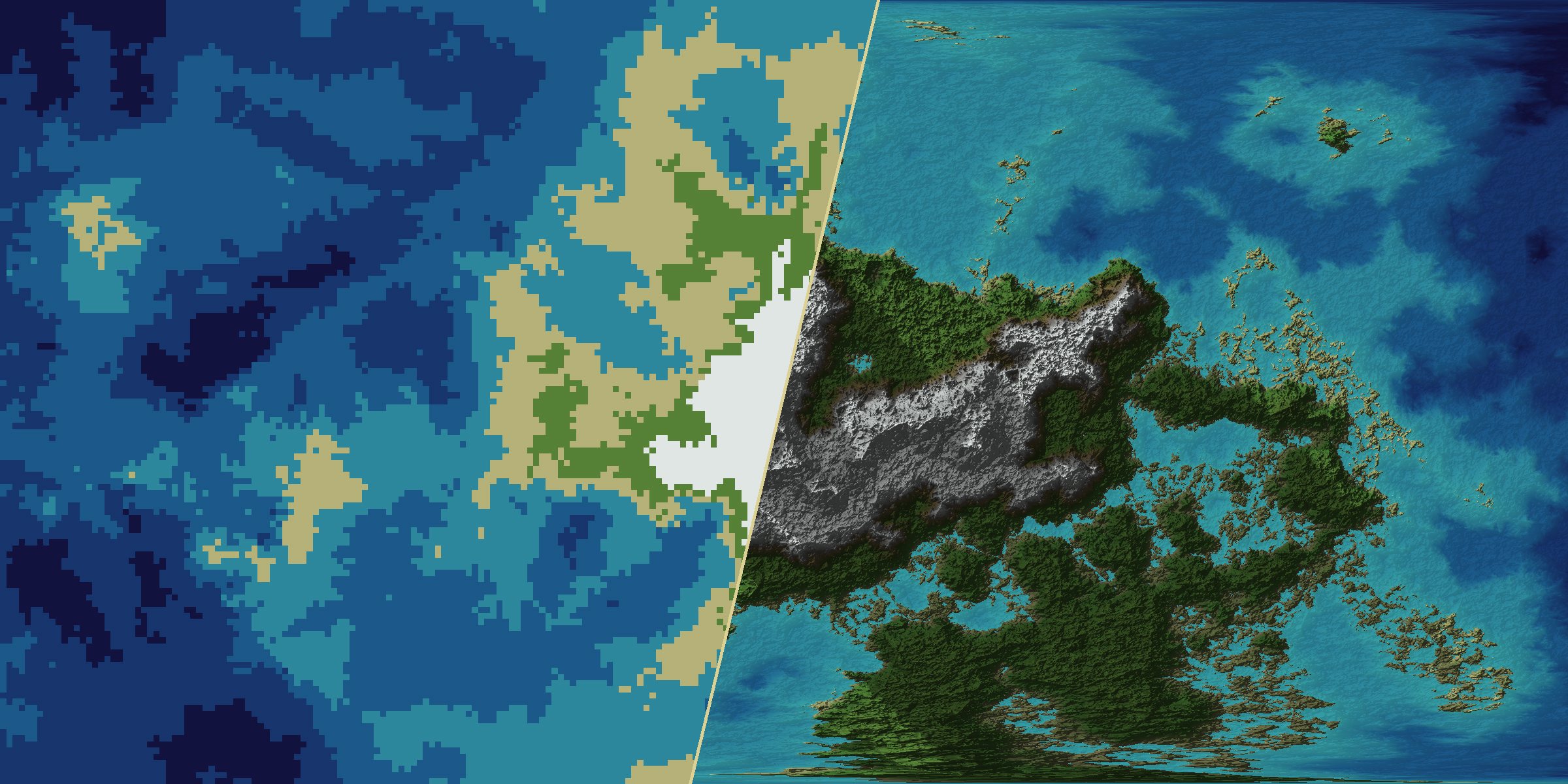 Left, a coarse grid of painted height cells; right, the detailed world generated from it, meeting at a diagonal seam