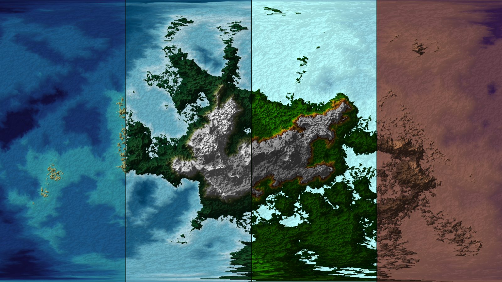 One world map in four colourings side by side