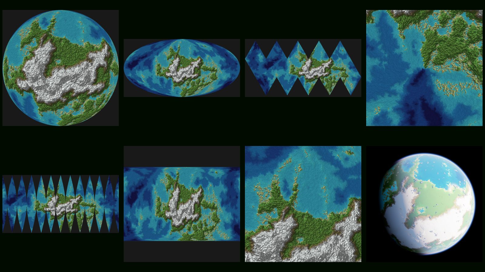 The same world in eight projections, from a globe to an icosahedral net