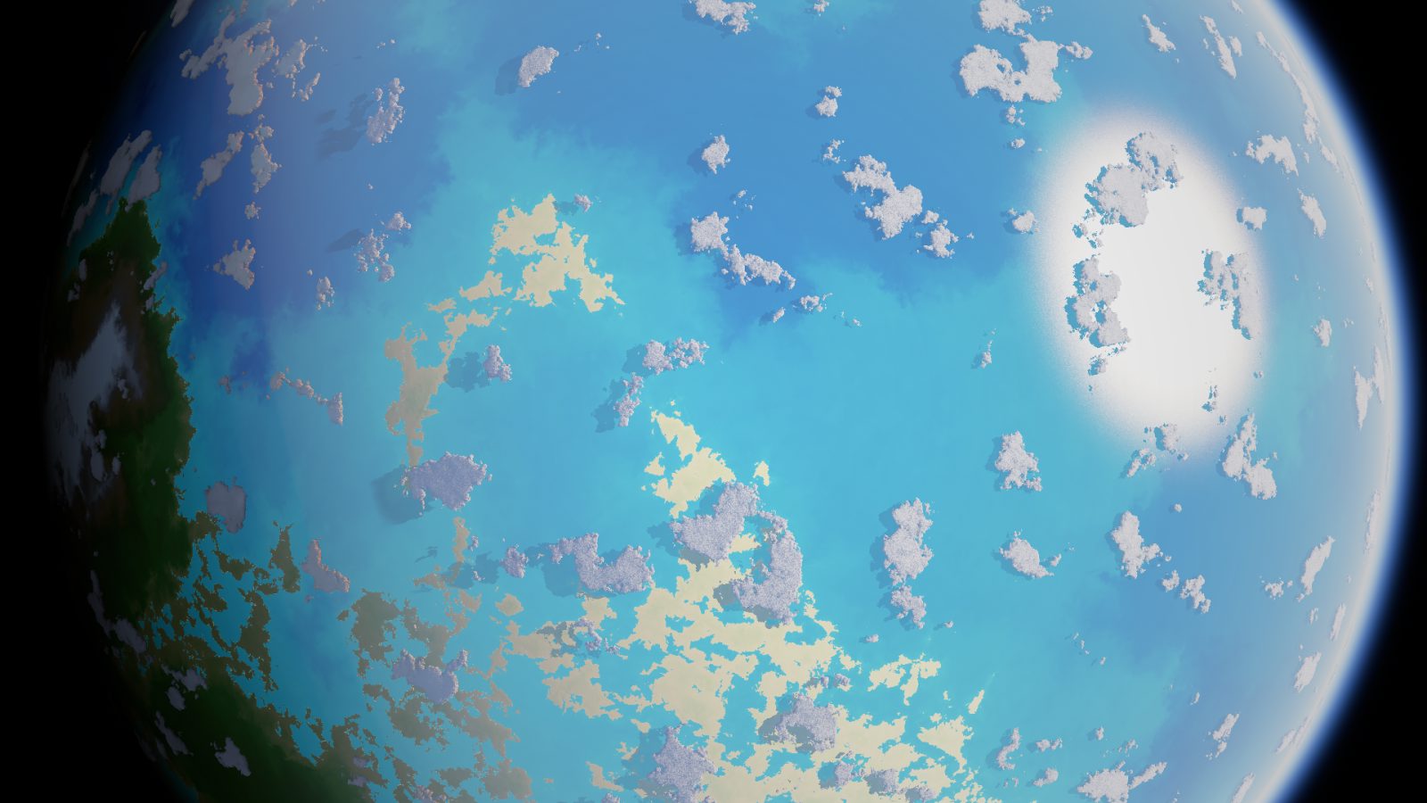 A close approach to the planet at dusk, clouds casting shadows over the ocean