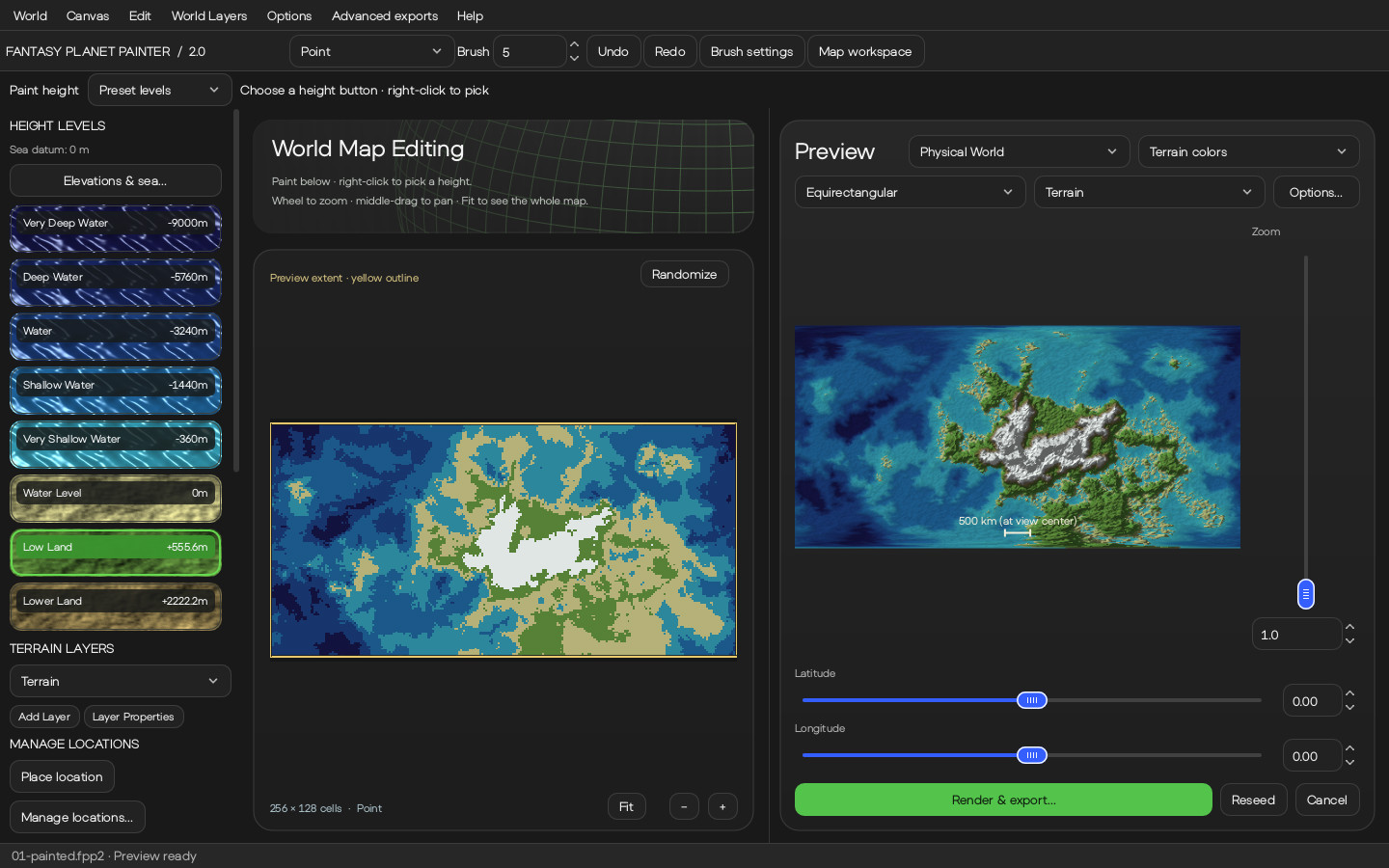 The Fantasy Planet Painter 2.0 editor: height palette on the left, painting grid in the middle, a world map preview on the right