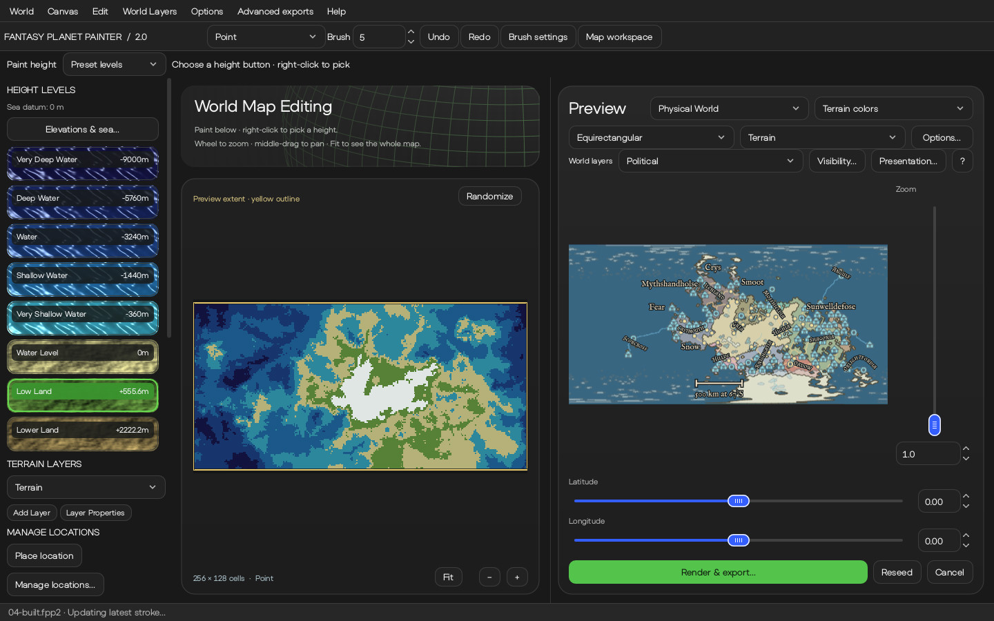 The editor showing a generated world with countries and towns