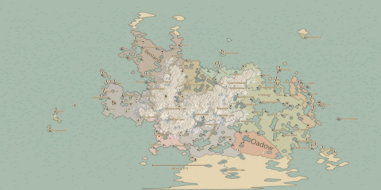 A fantasy world map in a parchment style, with countries, towns and names